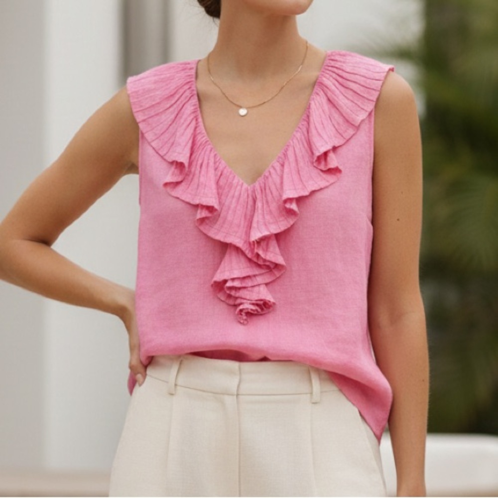 Tory Burch Ruffle Front Linen Sleeveless Top Blouse Pink Size 6 Resortwear